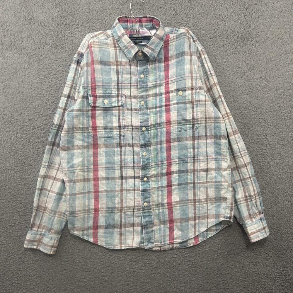 Polo Ralph Lauren Shirt Mens Large White‎ Pink Blue Plaid Classic Fit Pockets - Picture 2 of 11